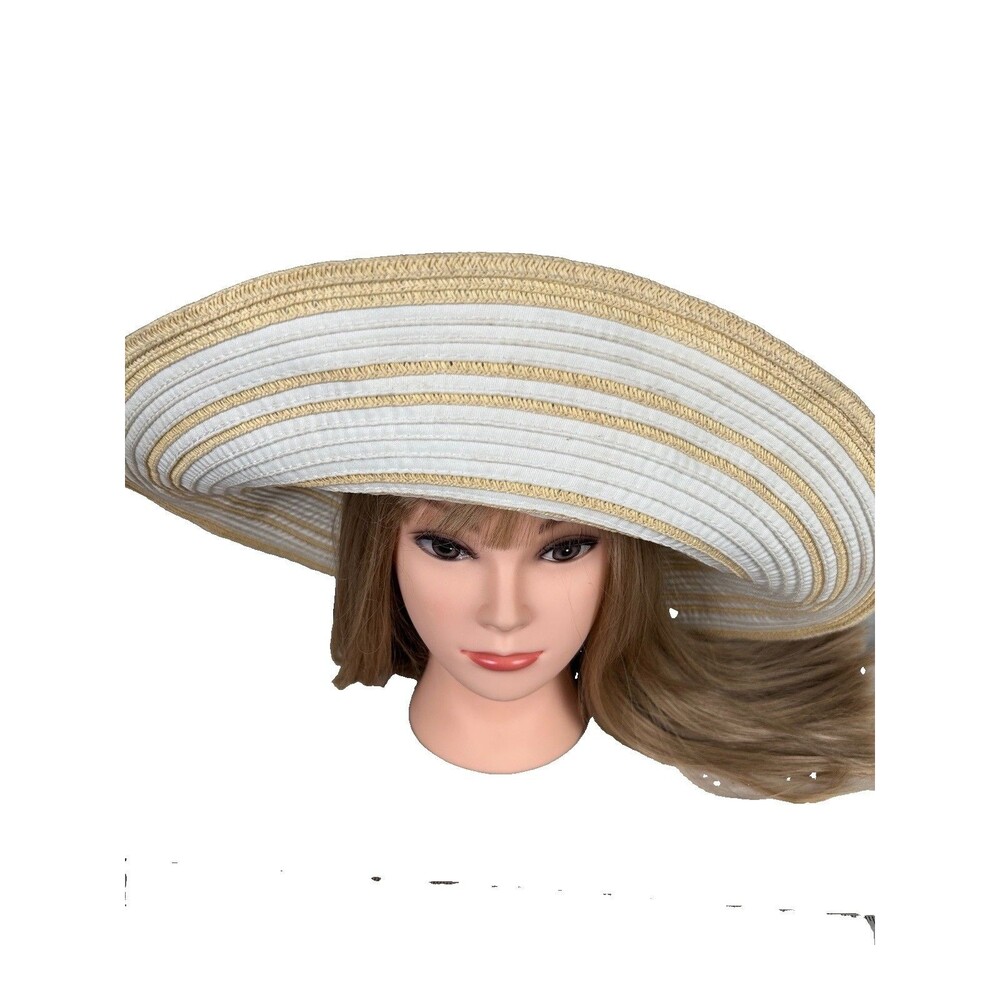Lauren Ralph Lauren Wide Brim Straw style Hat With Stripe Cream Womens